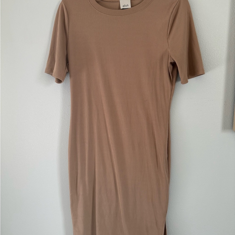 Pinkblush Elloh Women’s Taupe Ribbed Short Sleeve Maternity Dress Size Small